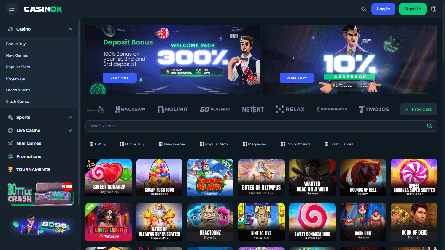 CasinOK game gallery with provider filters, search and a grid of slot titles
