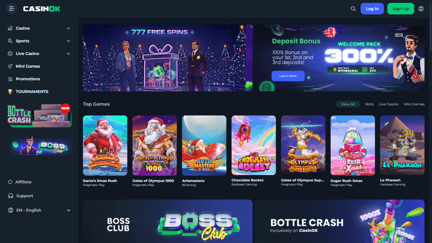 CasinOK desktop homepage showing casino navigation, welcome promotions and top games